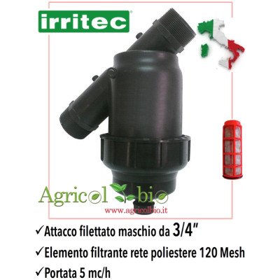 Filtro a Y da 3/4" - 5 mc/h - elemento filtrante in rete POLIESTERE 120 mesh - IRRITEC Filtro a Y da 3/4" - 5 mc/h - elemento filtrante in rete POLIESTERE 120 mesh - IRRITEC