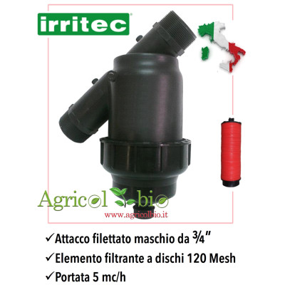 Filtro a Y da 3/4" - 5 mc/h - elemento filtrante a DISCHI 120 mesh - IRRITEC