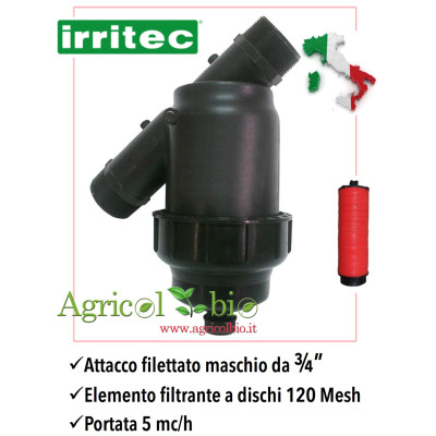 Filtro a Y da 3/4" - 5 mc/h - elemento filtrante a DISCHI 120 mesh - IRRITEC Filtro a Y da 3/4" - 5 mc/h - elemento filtrante a DISCHI 120 mesh - IRRITEC