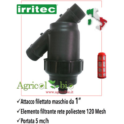 Filtro a Y da 1" - 5 mc/h - elemento filtrante in rete POLIESTERE 120 mesh - IRRITEC Filtro a Y da 1" - 5 mc/h - elemento filtrante in rete POLIESTERE 120 mesh - IRRITEC