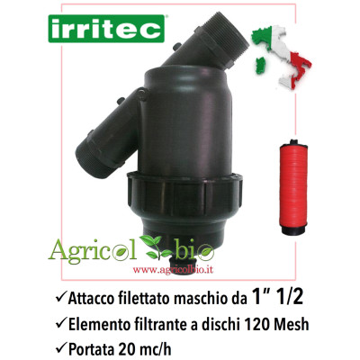 Filtro a Y da 1" 1/2 - 20 mc/h - elemento filtrante a DISCHI 120 mesh - IRRITEC Filtro a Y da 1" 1/2 - 20 mc/h - elemento filtrante a DISCHI 120 mesh - IRRITEC