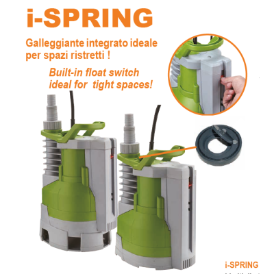 Elettropompa per acque Chiare e Sporche con Galleggiante + Raccordo + Valvola Clapet mod. I-SPRING 130 - GLong