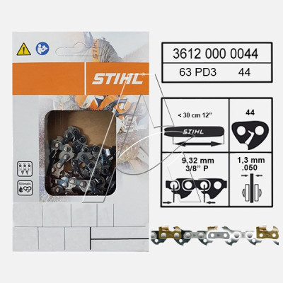 Catena di Taglio Stihl Picco Duro 3 - 3/8" - 1,3 mm - 44 Maglie - Spranga 30 cm - Originale Stihl