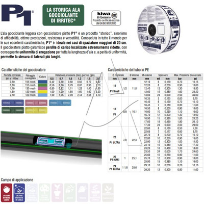 Manichetta irrigazione P1 - Ø 16 mm - portata 2,1 l/h - passo 30 cm - spess. 12 mil - 600 metri - Irritec Manichetta irrigazione P1 - Ø 16 mm - portata 2,1 l/h - passo 30 cm - spess. 12 mil - 600 metri - Irritec