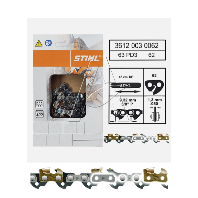 Catena di taglio Stihl Picco Duro 3 - 3/8" - 1,3 mm - 62 Maglie - Spranga 45 cm - Placca Corazzata - Originale Stihl