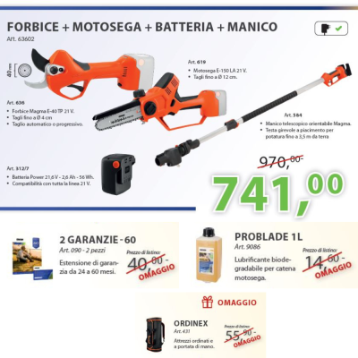 Stocker 63602 - KIT Potatura completo 21V Forbice Magma E-40 + Motosega Magma E-150 LA + Manico Tele