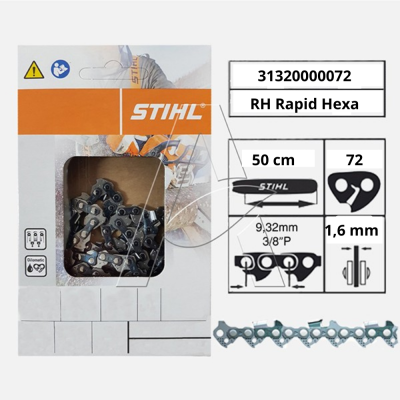Catena di taglio Stihl RH Rapid Hexa - 3/8" - 1,6 mm - 72 Maglie - Spranga 50 cm - Originale Stihl