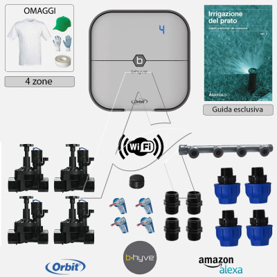 Kit irrigazione Prato Tappeto Erboso con elettrovalvole accessori e omaggi |2 - 4 - 6 - 8 zone| Orbit B-Hyve interni