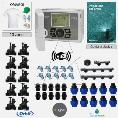 Kit irrigazione Prato Tappeto Erboso con elettrovalvole accessori e omaggi |2 - 4 - 6 - 8 - 10 - 12 zone| Orbit B-Hyve esterni