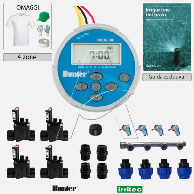 Kit irrigazione Prato Tappeto Erboso completo di elettrovalvole accessori e omaggi | 1 - 2 - 4 - 6 zone | NODE 9 VDC a pile