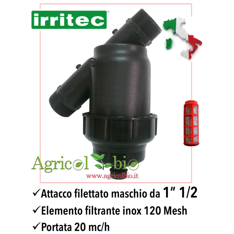 Filtro a Y da 1" 1/2 - 20 mc/h - elemento filtrante in rete POLIESTERE 120 mesh - IRRITEC