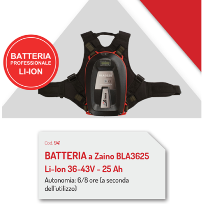 Batteria a zaino Li-Ion 36-43V - 25 Ah Autonomia 8 ore Mod. BLA3625 Aima Batteria a zaino Li-Ion 36-43V - 25 Ah Autonomia 8 ore Mod. BLA3625 Aima